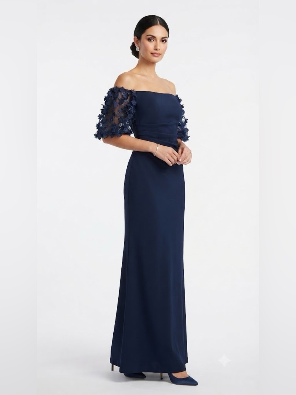 Xscape Navy One-Shoulder Evening Gown with 3D Floral Sleeves Formal